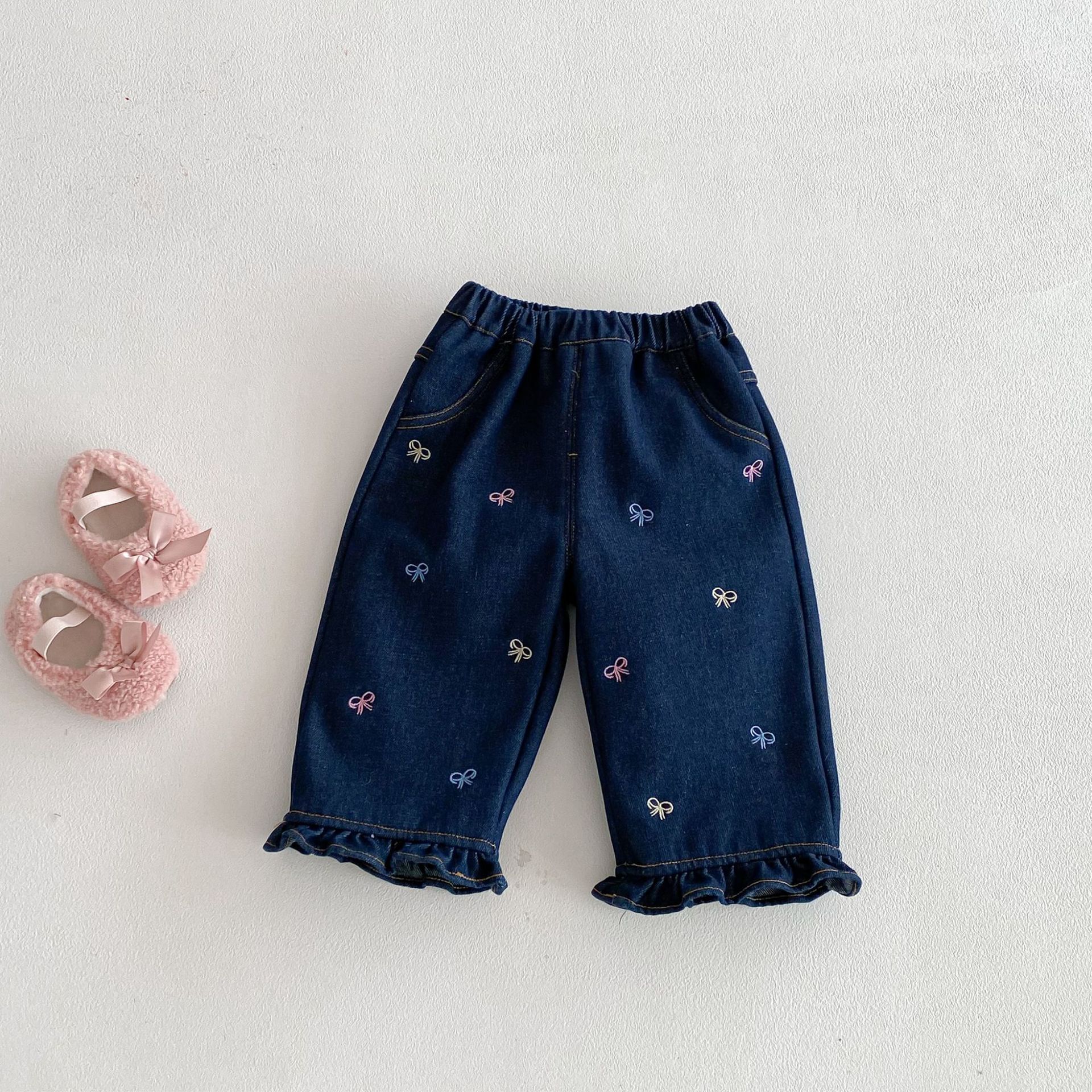 《2730》韓系甜美刺繡蝴蝶結加絨花邊牛仔褲(73-120)