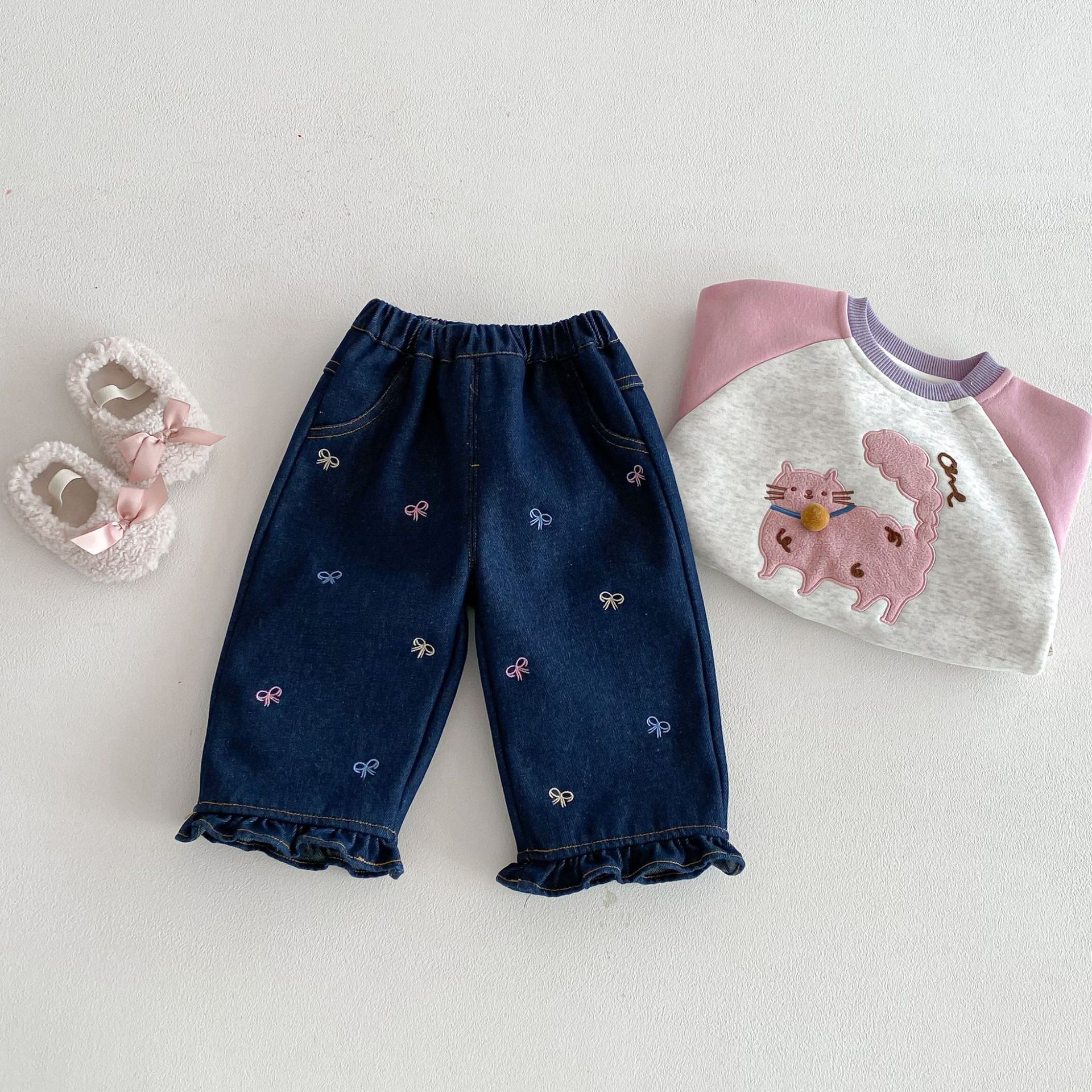 《2730》韓系甜美刺繡蝴蝶結加絨花邊牛仔褲(73-120)