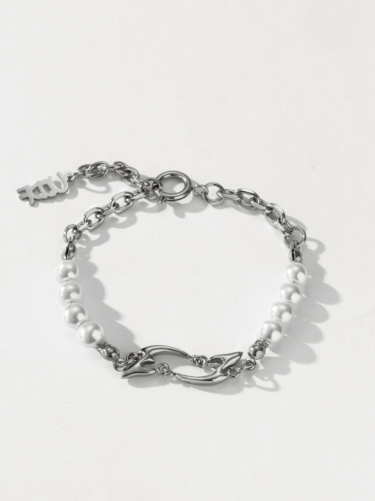 UCDF 白色 珍珠 拼接 古巴練 串珠 設計感 手鏈 UCB010