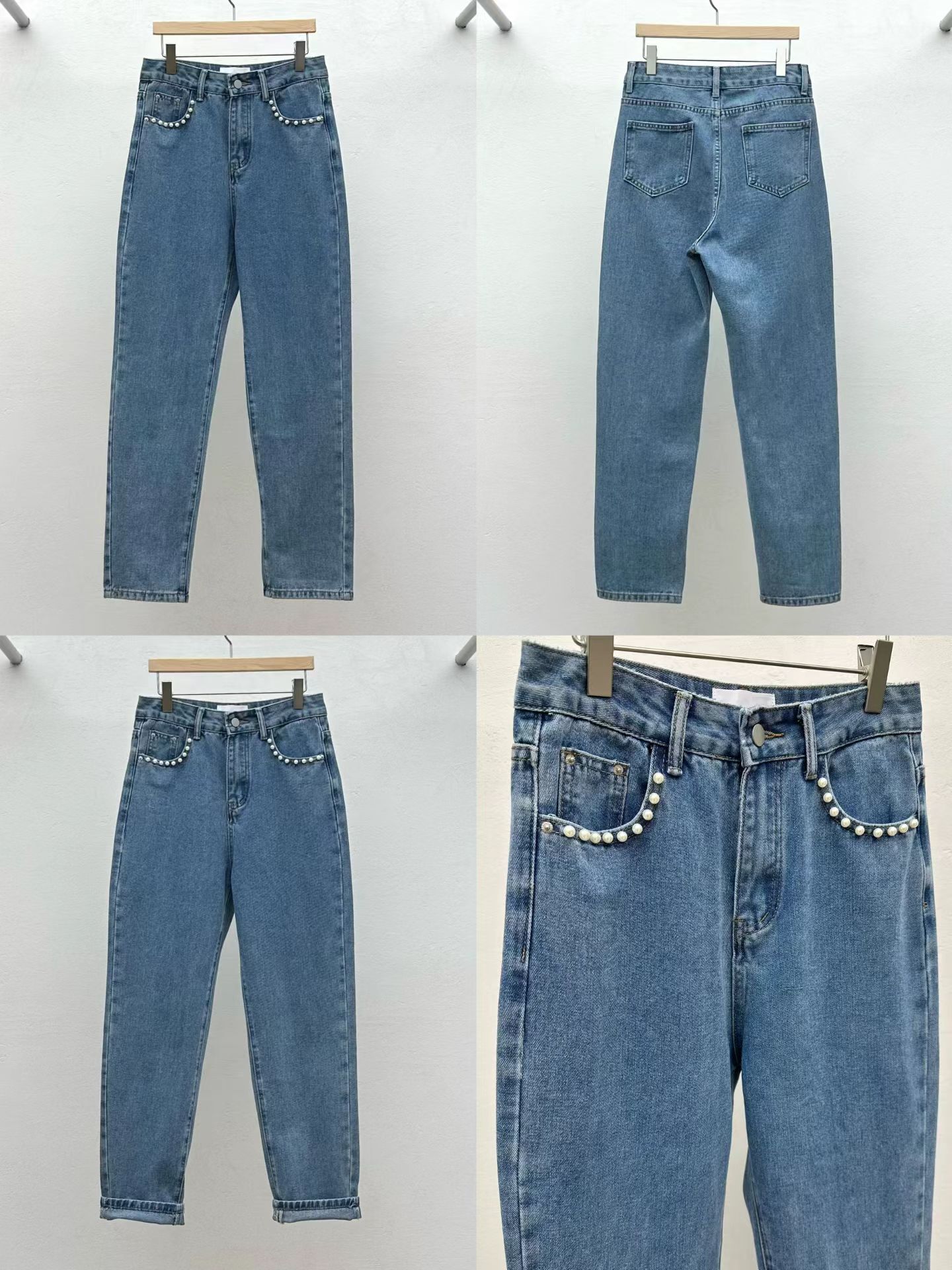 RE5433 珠珠包邊高腰直筒牛仔褲 *特價* (優惠碼同充值購物金不適用)