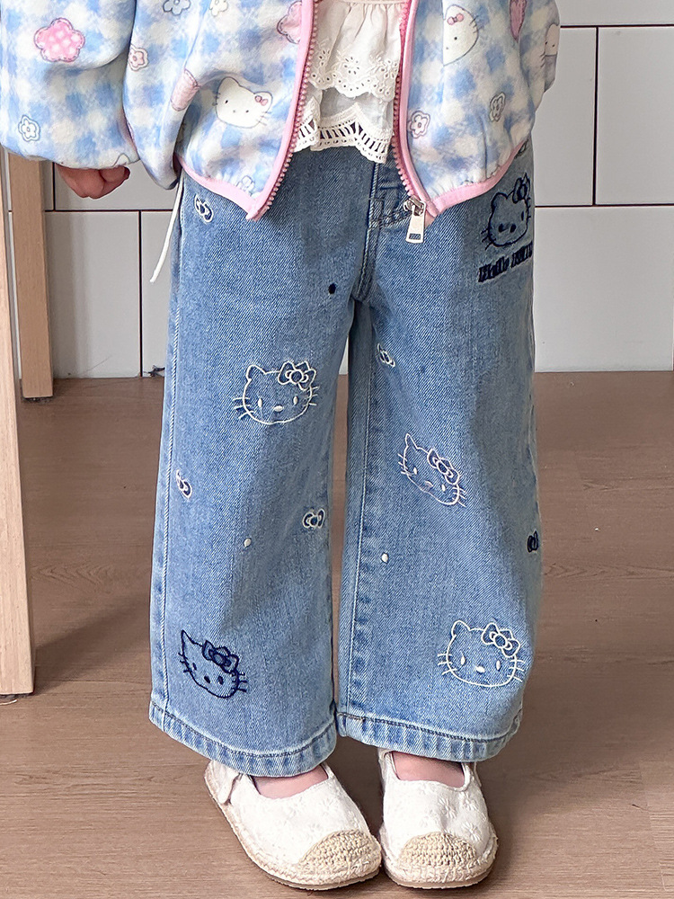 【H0242】女寶刺繡貓咪牛仔寬褲(90-150)