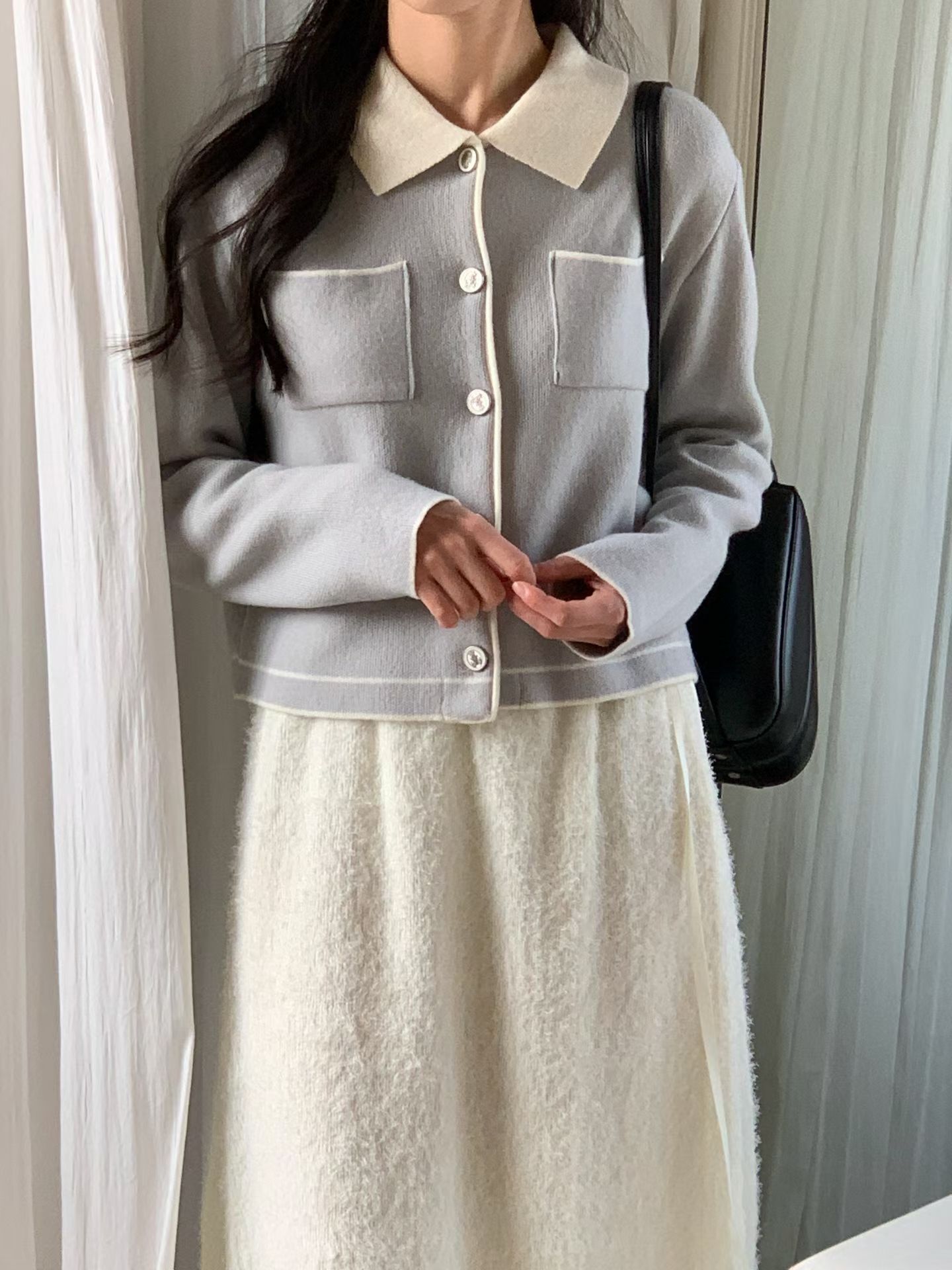 #228N242 法式撞色polo領 ; 線條針織兩穿上衣