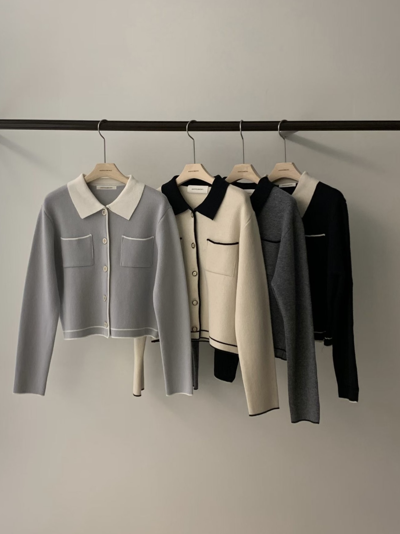 #228N242 法式撞色polo領 ; 線條針織兩穿上衣