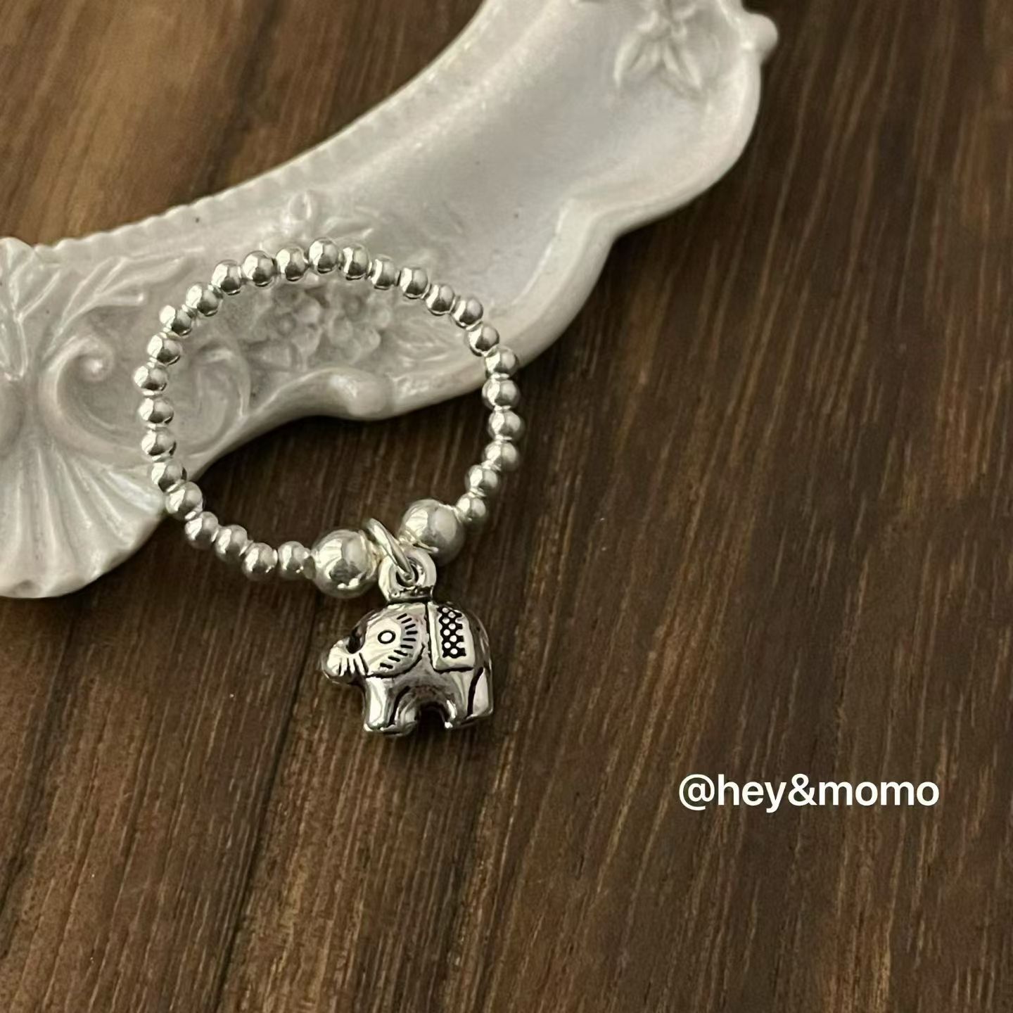 HM5440 ⚪️925 銀 Q版招財小象 銀球彈力繩戒指