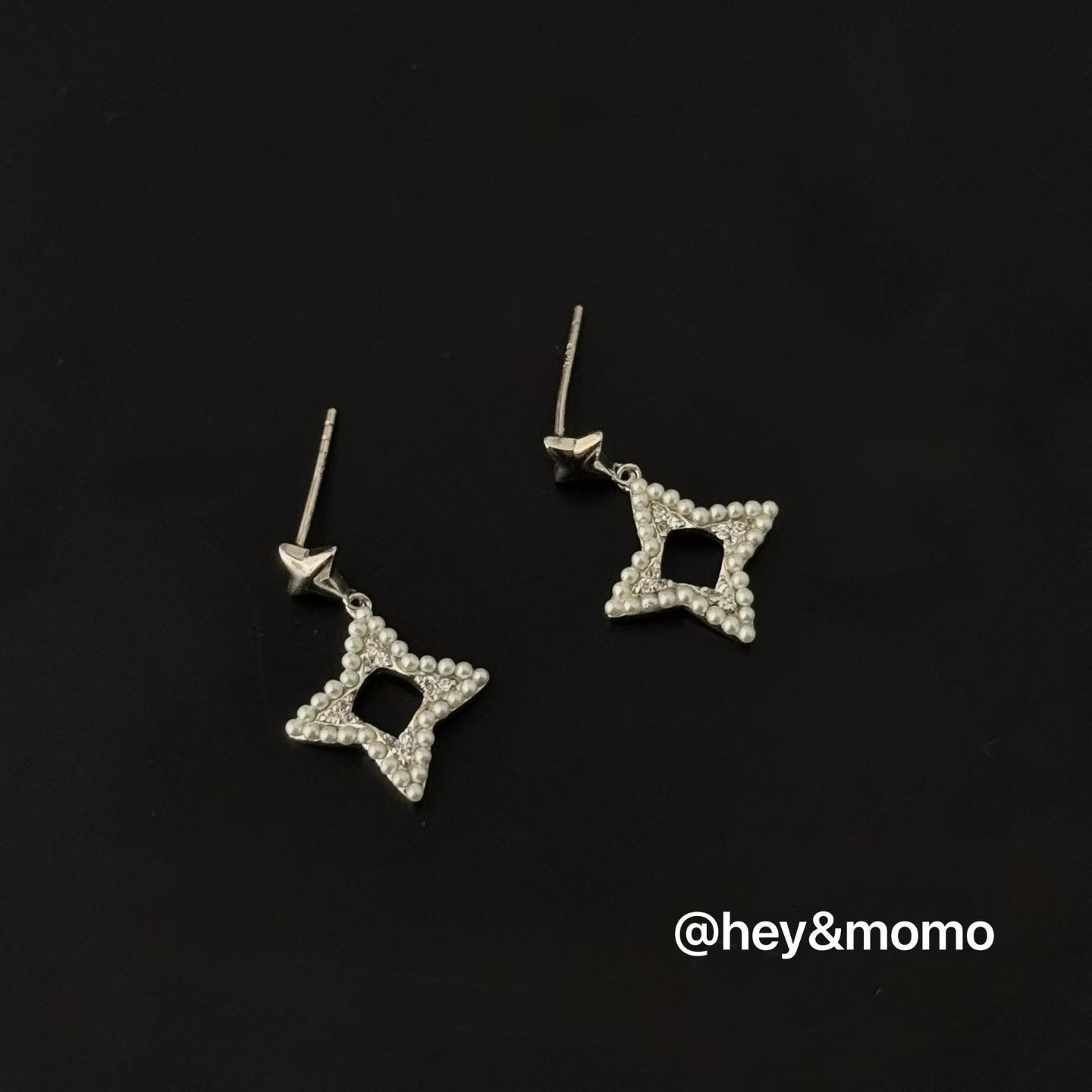 HM5442 ⚪️925 銀 珍珠 水鑽拼接 四芒星耳環