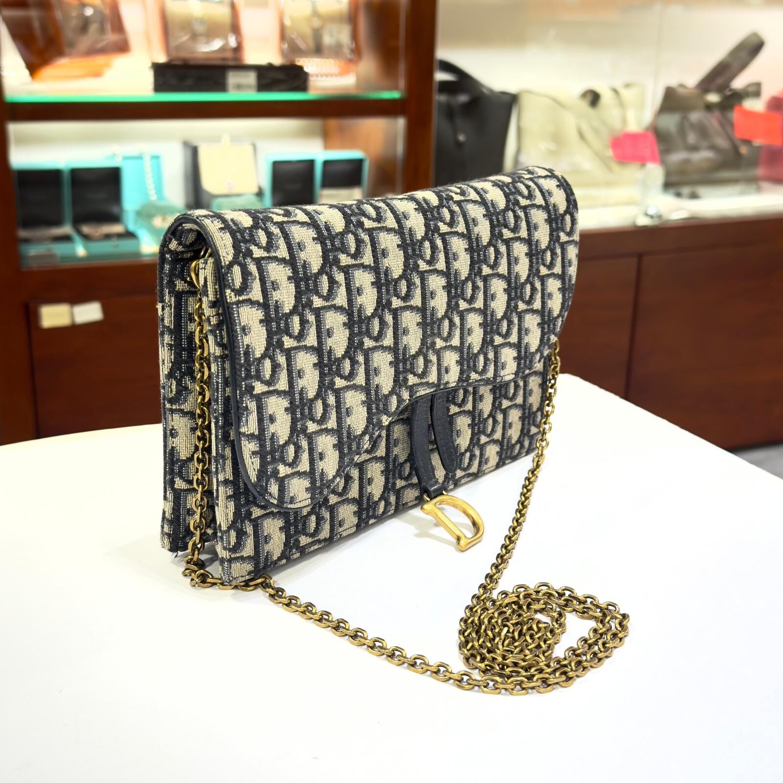 95%NEW二手DIOR WOC OBLIQUE SADDLE MEDIUM  藍色牛仔經典老花鏈袋 #迪奧斜背包 #香榭站正品