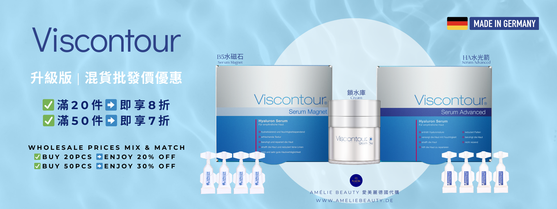 Viscontour 升級版透明質酸系列產品展示，包含醫美修復抗皺精華、即時舒敏保濕精華及清爽面霜，全線產品混單批發優惠滿 20-25 件即享 8 折，滿 50 件即享 7 折，香港原裝行貨現貨供應 / Viscontour Upgraded Hya