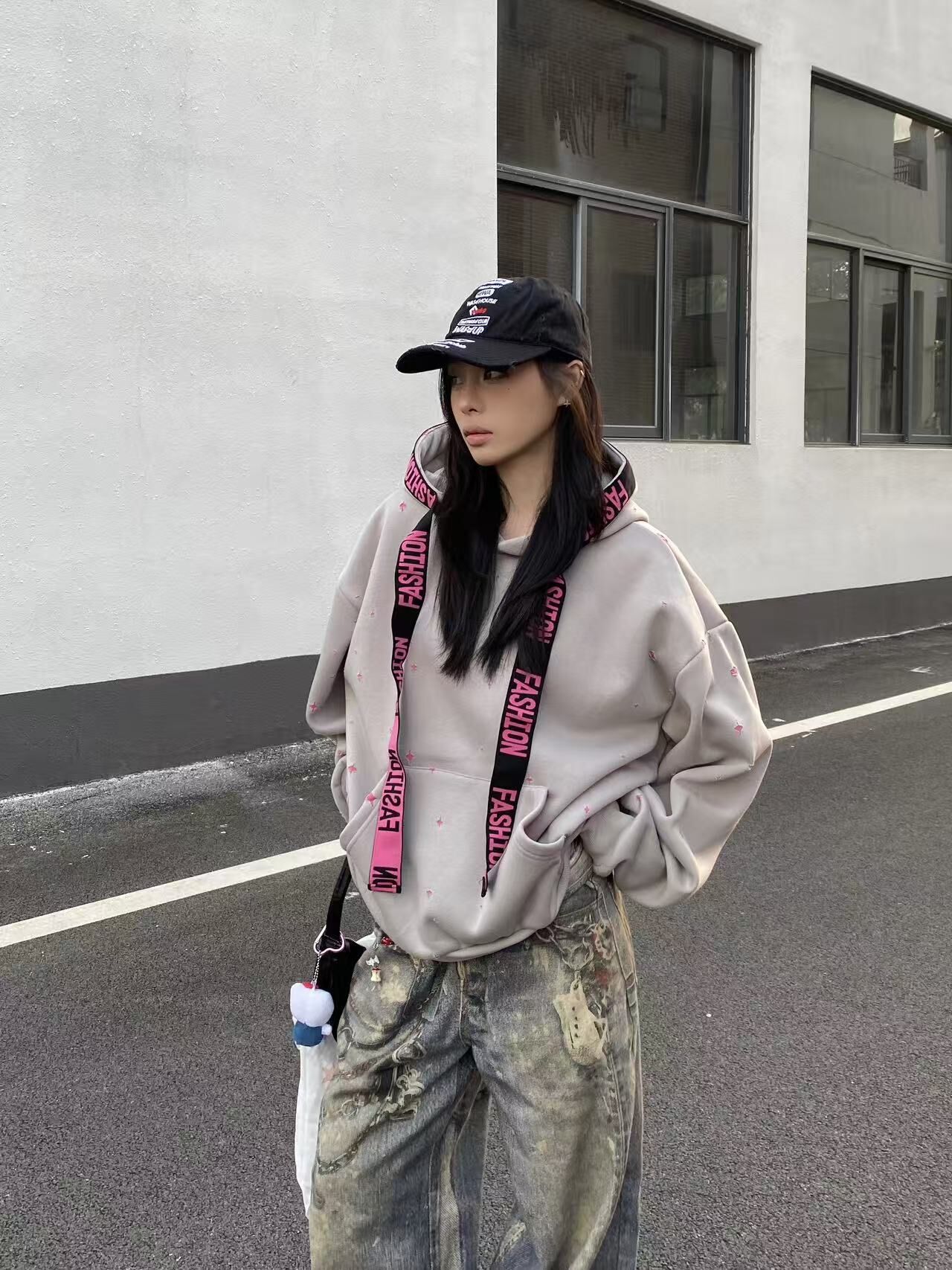 XCTRL 寬織帶跳色破壞寬版帽T-灰