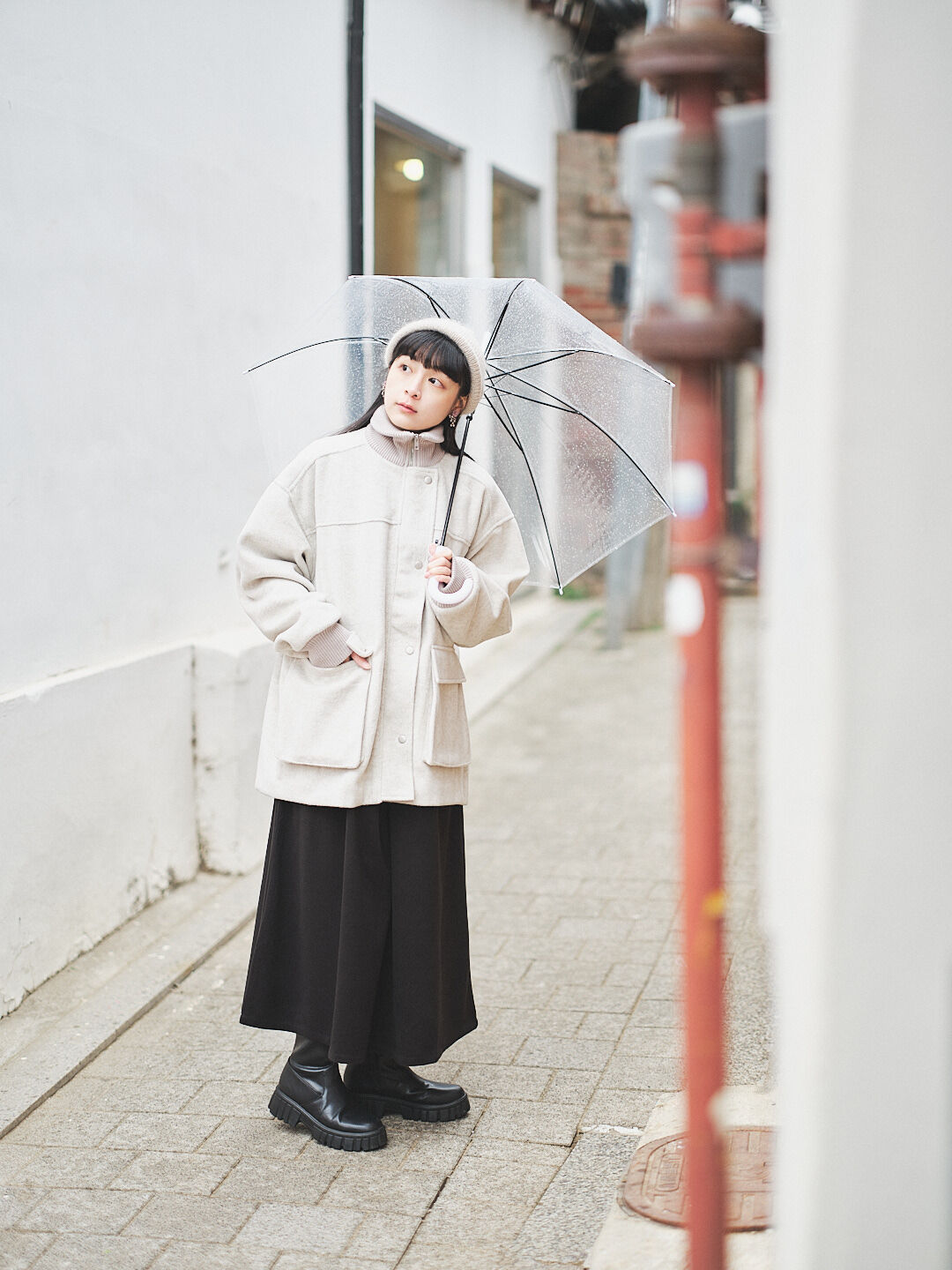 (限量)札幌初雪來了！羅紋拼接毛呢外套