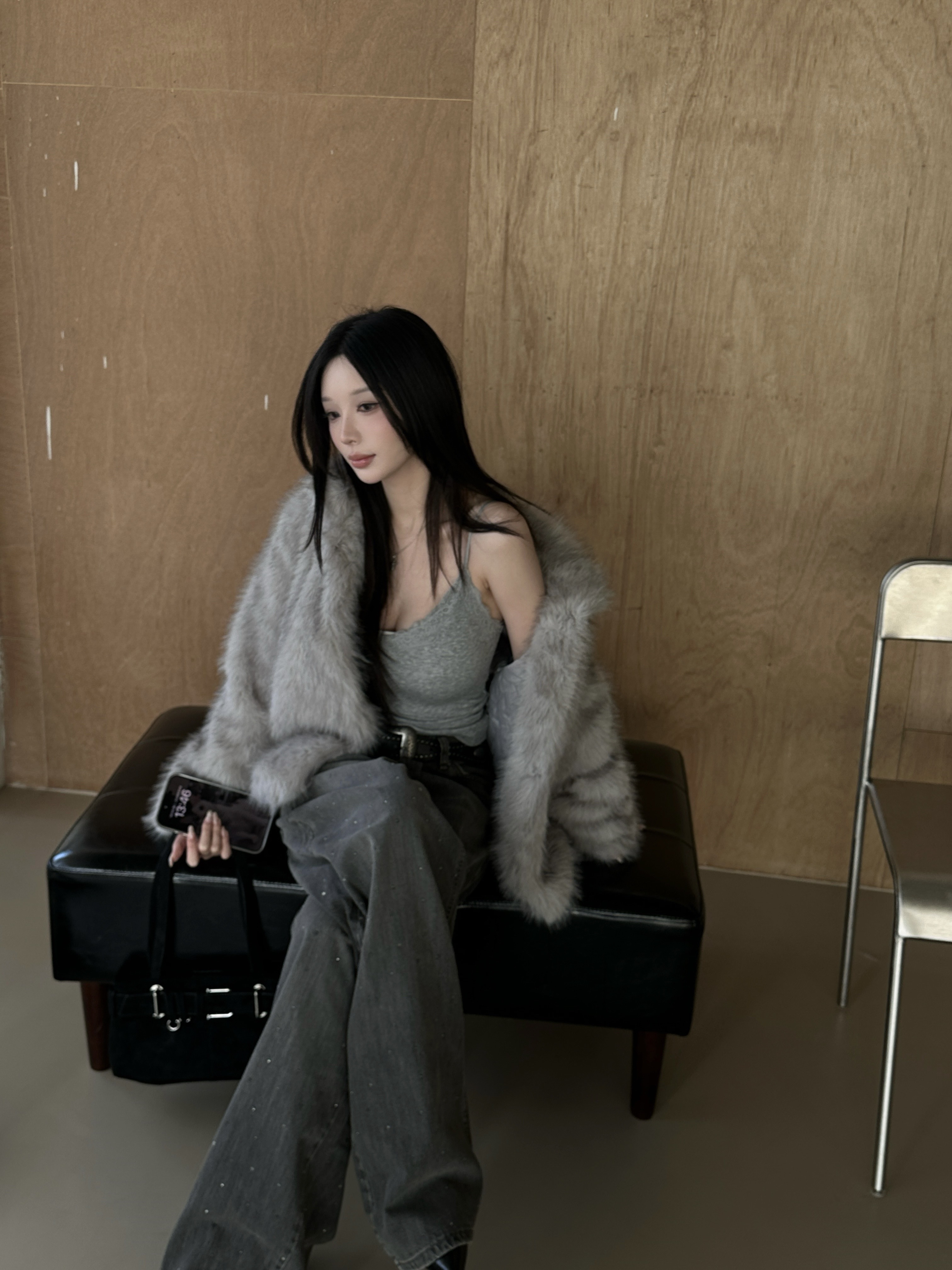 Y18 Foggy 細緻點鑽丹寧寬褲 (炭黑)