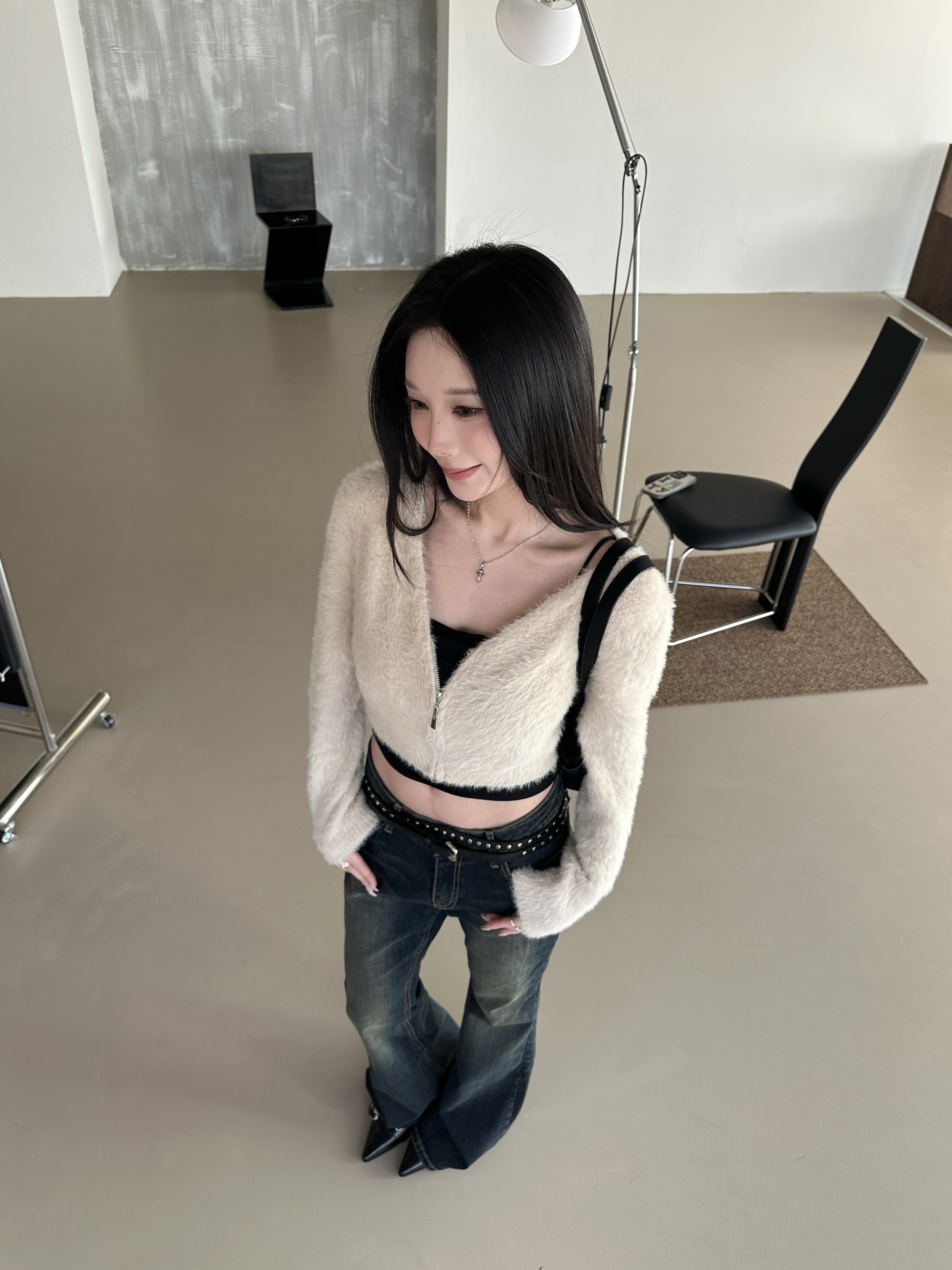 【現貨】Y05 可兩穿! 拉鍊貂毛上衣 (卡其)