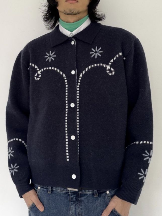 反領圖案開胸針織外套 LBT-007JK