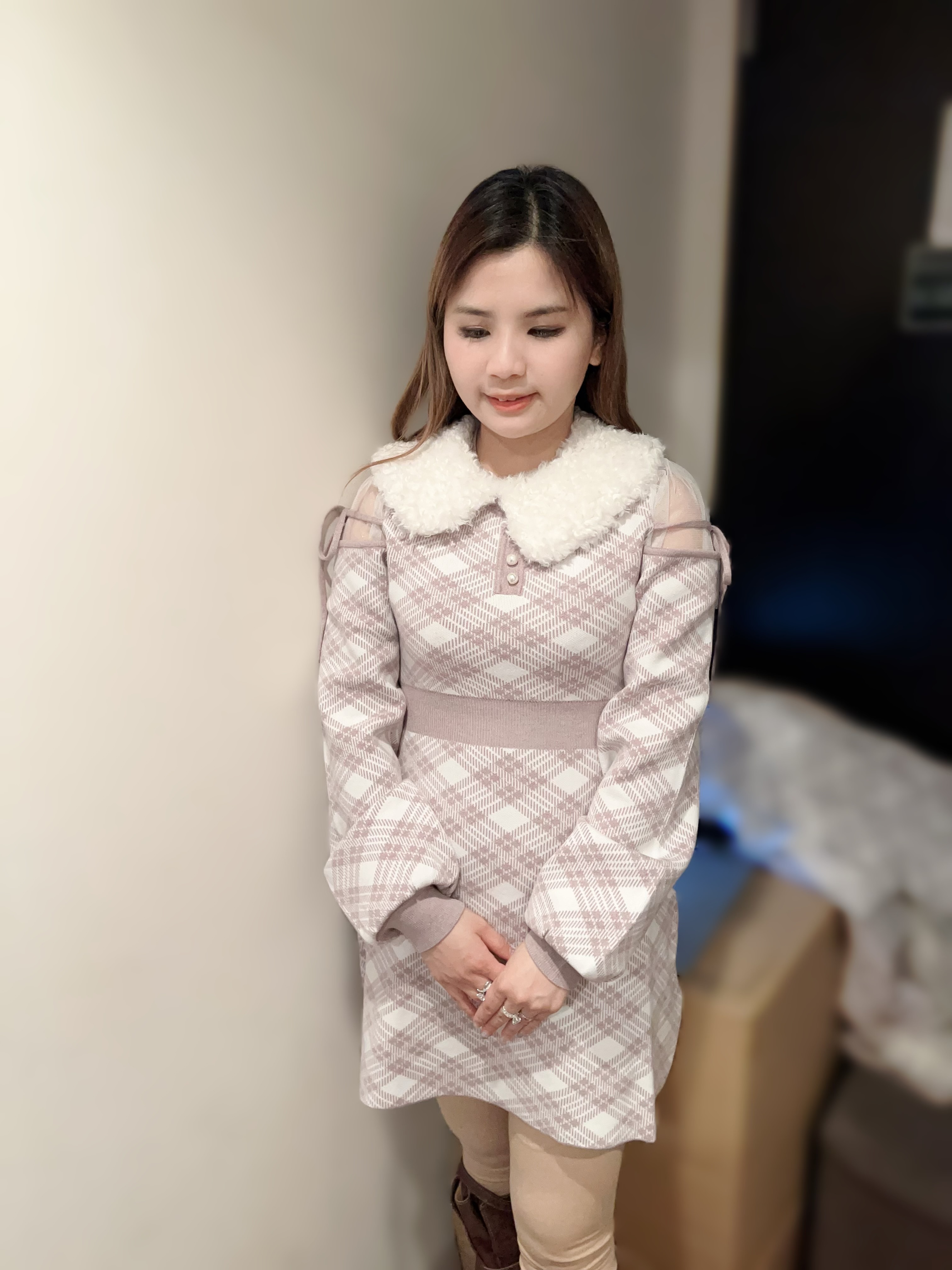 （現貨 灰） JK08   日牌 Evelyn毛毛菱格連身裙 胸 34-40/ 長31 腰24-34 hip 40-50    $769