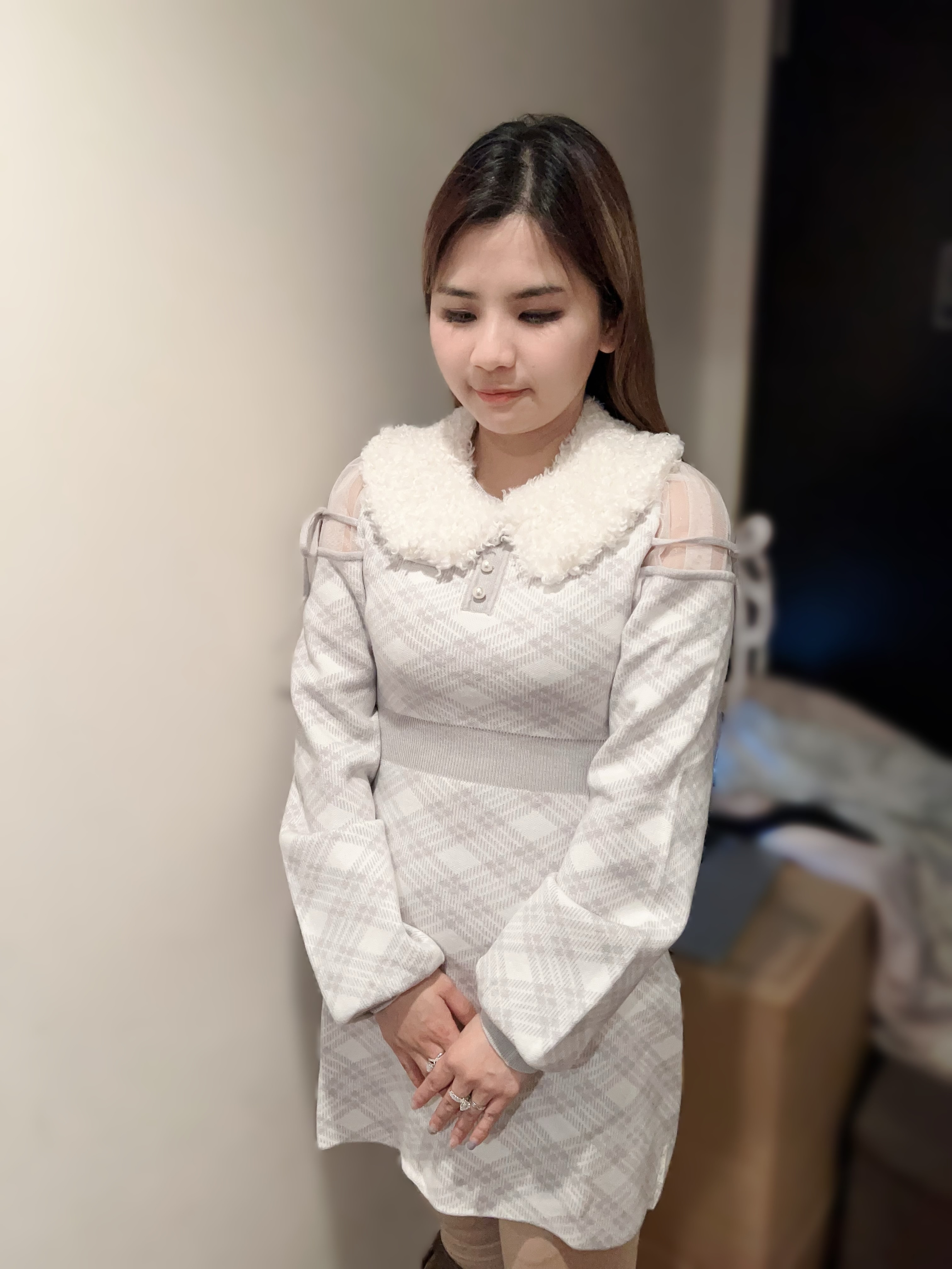 （現貨 灰） JK08   日牌 Evelyn毛毛菱格連身裙 胸 34-40/ 長31 腰24-34 hip 40-50    $769