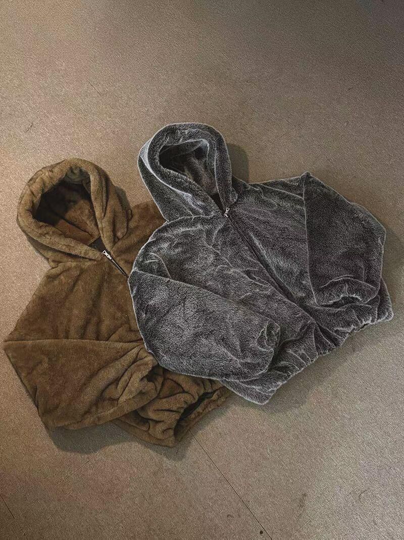 淨色連帽拉鍊毛毛褸 tap-094JK