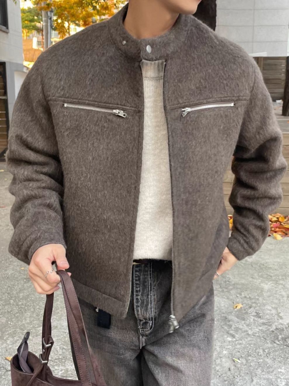 企領淨色拉鍊外套(薄夾棉) OWN-111JK