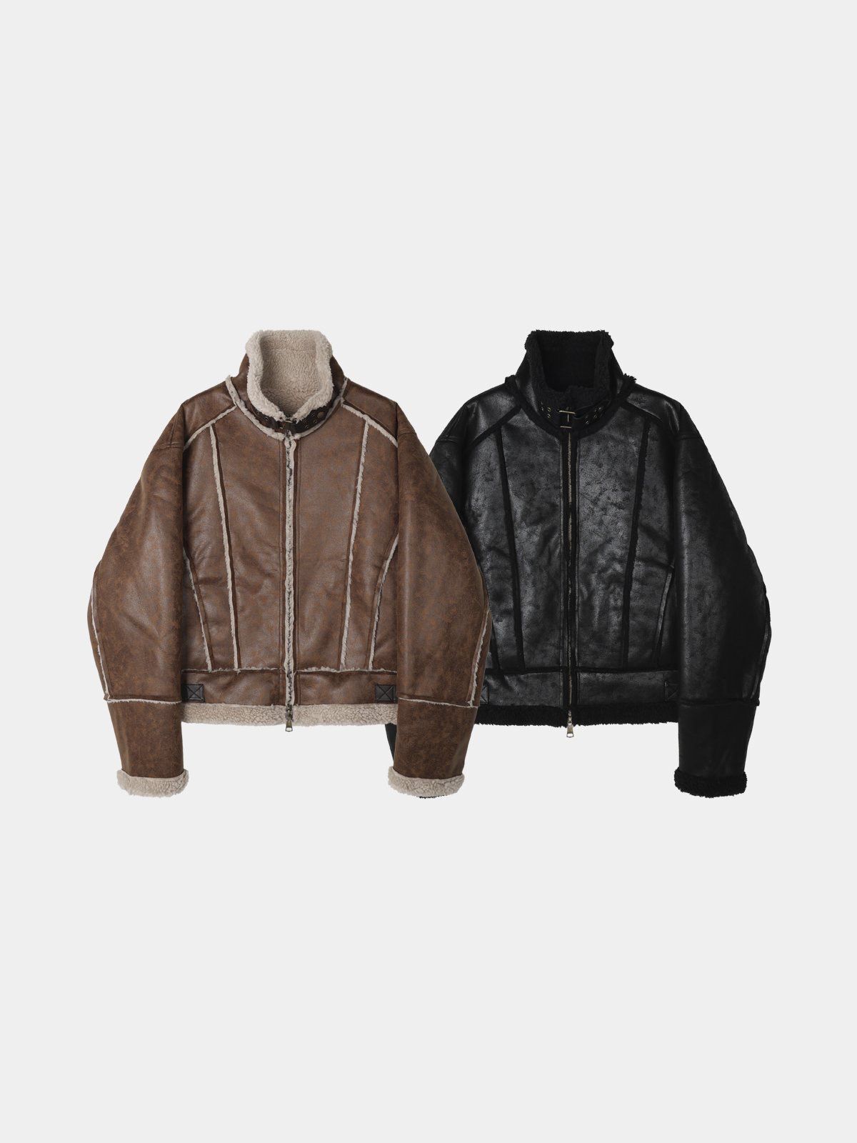 企領淨色拉鍊合成皮外套(絨毛底) OWN-112JK