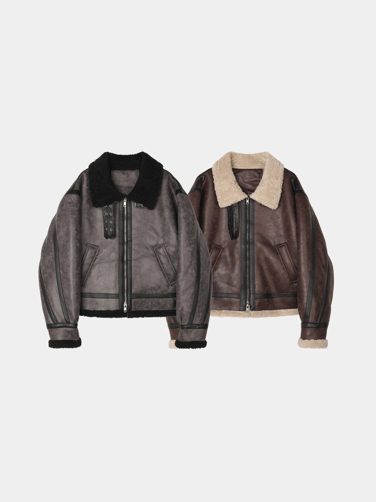 毛毛領淨色拉鍊合成皮外套 OWN-113JK