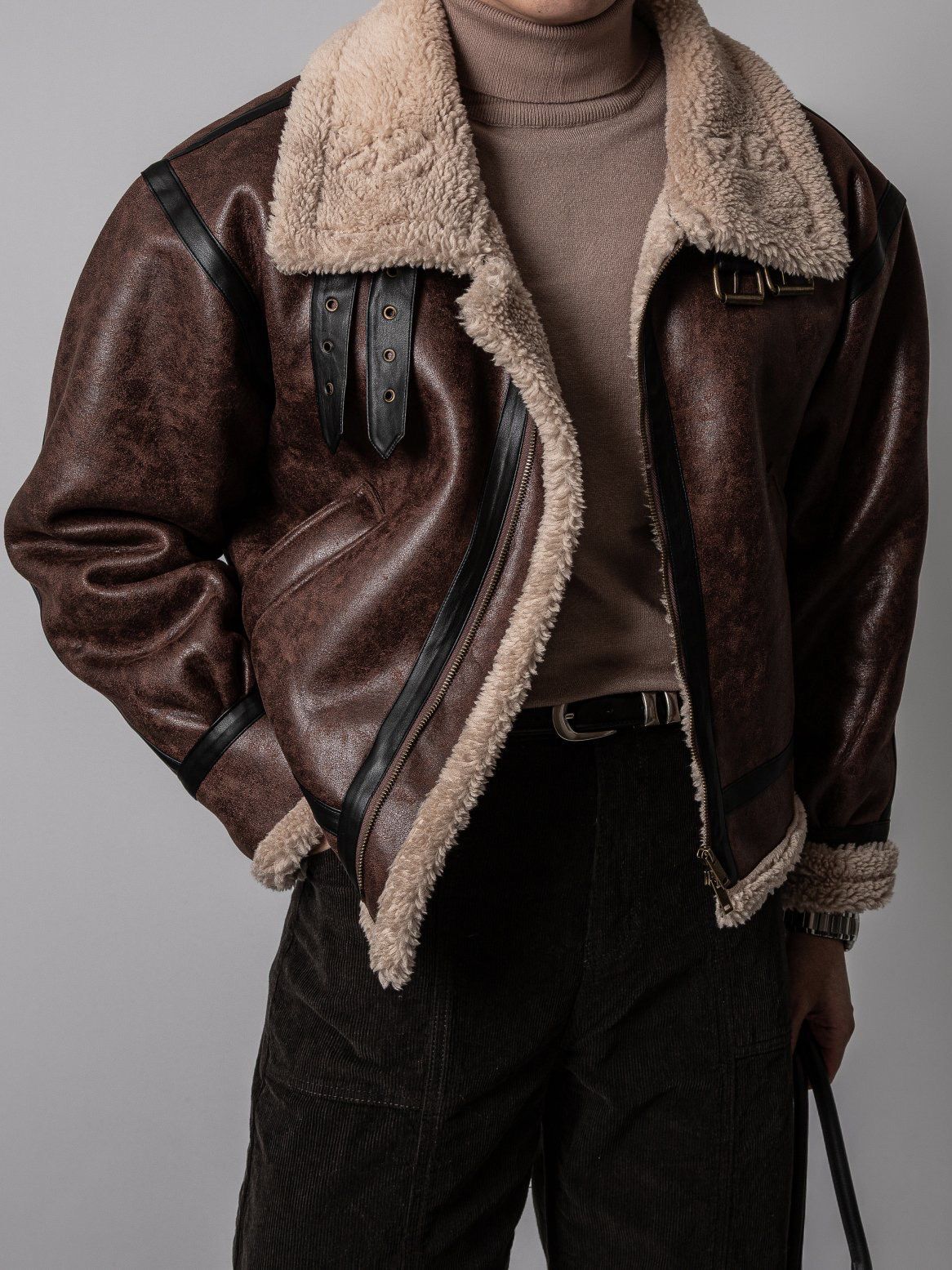 毛毛領淨色拉鍊合成皮外套 OWN-113JK