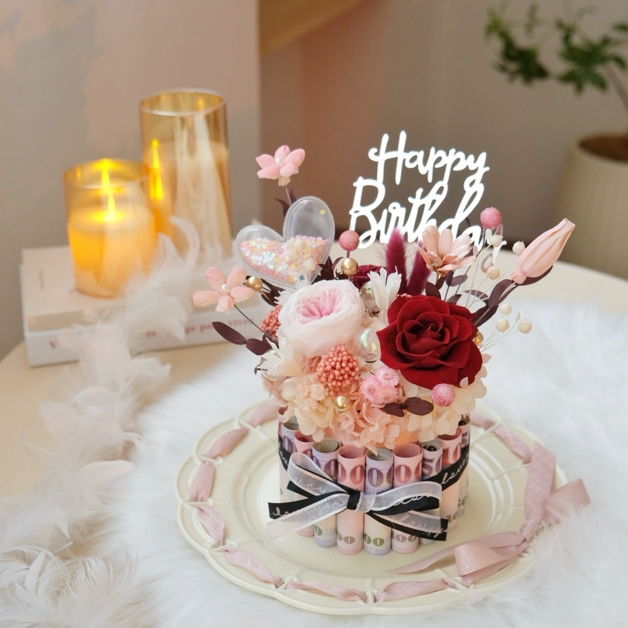 紅粉色鈔票永生蛋糕花（４寸）