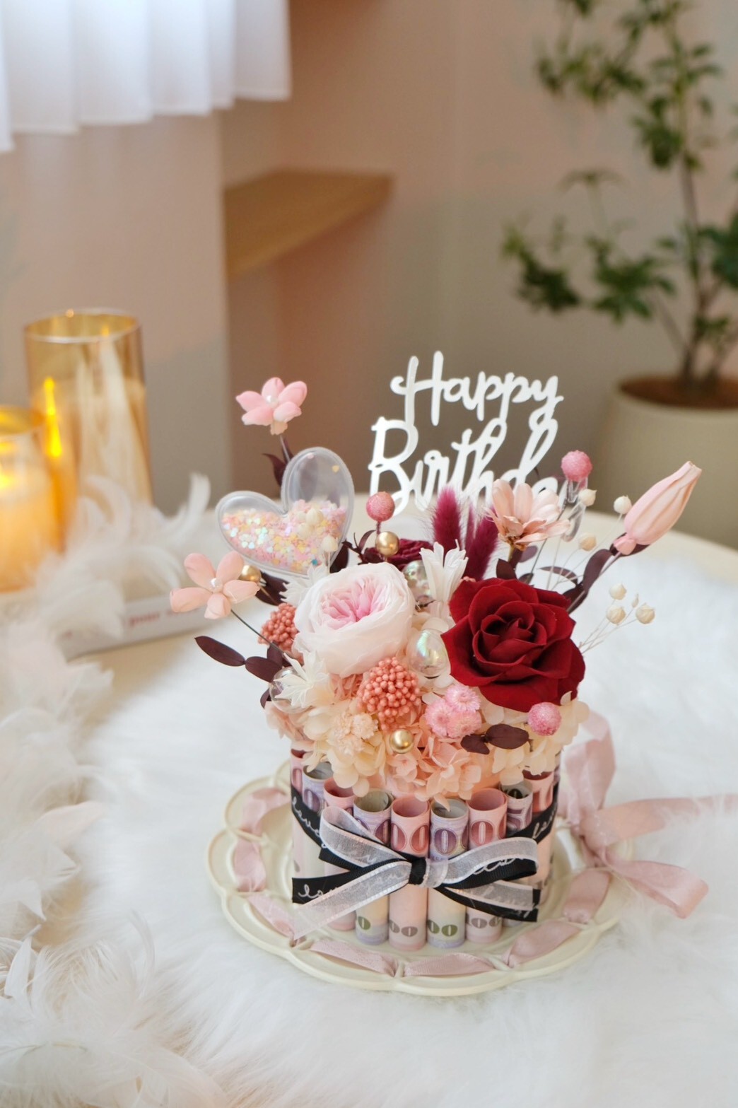 紅粉色鈔票永生蛋糕花（４寸）