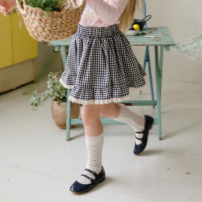 90-140 蕾絲滾邊格紋裙 2色