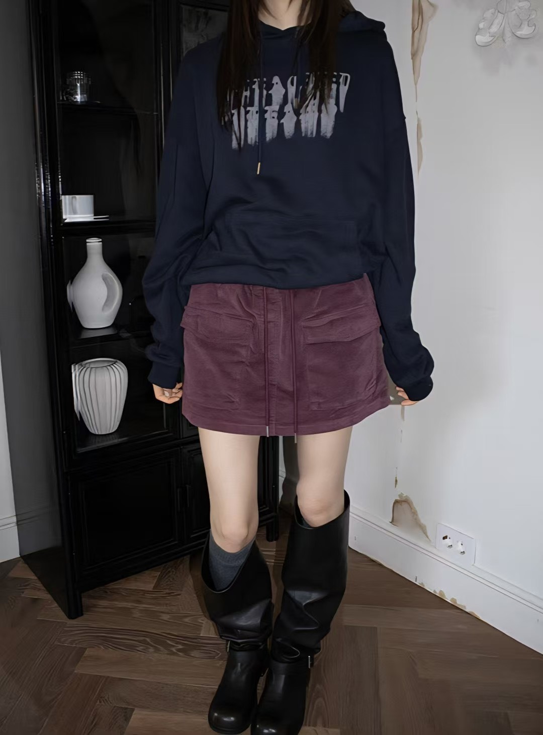 綁帶燈芯絨口袋短褲裙