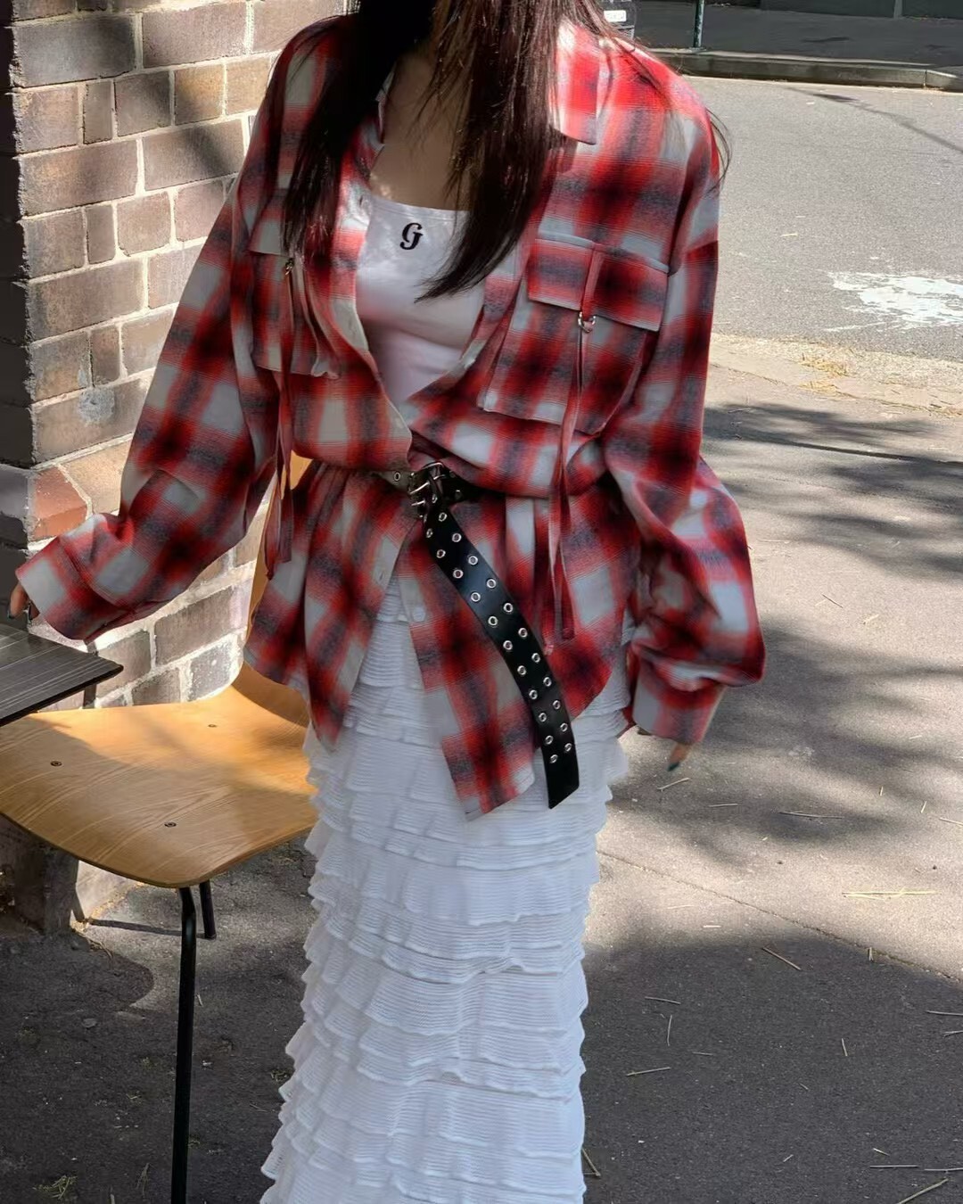 飄帶口袋格子背開釦休閒襯衫