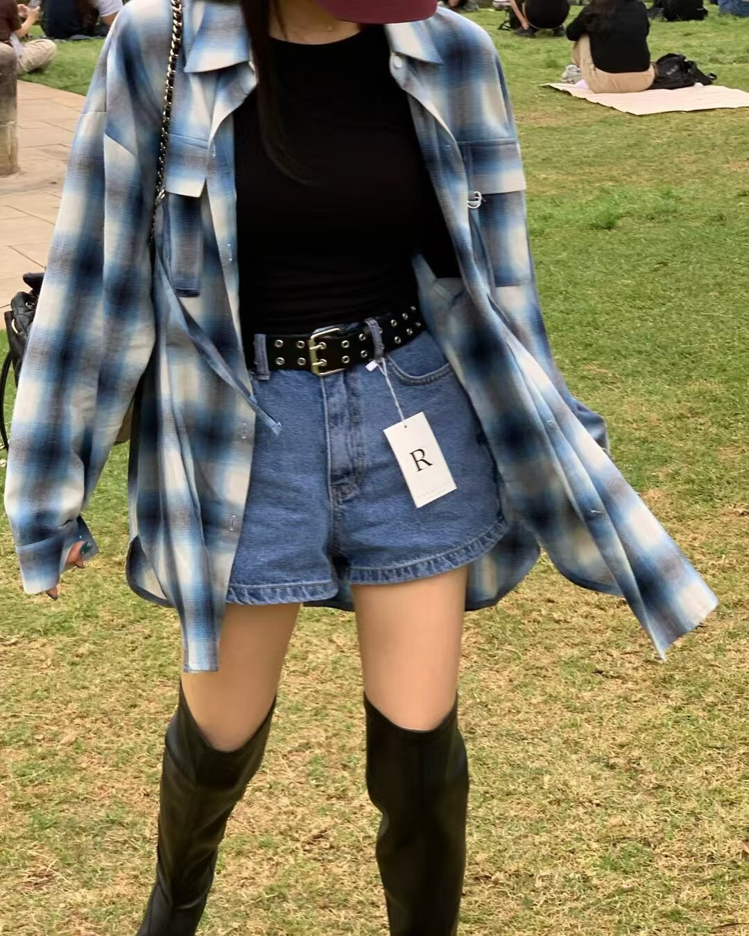 飄帶口袋格子背開釦休閒襯衫
