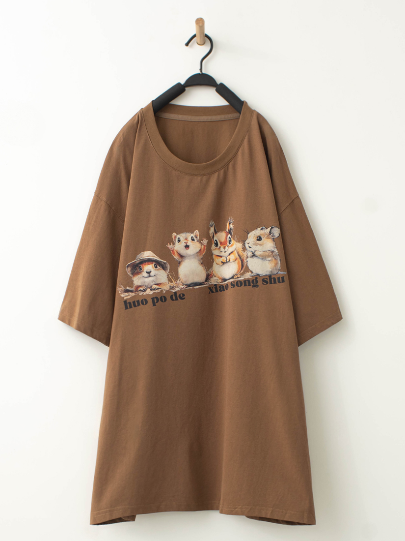 秋天的小松鼠印花落肩長版短袖上衣