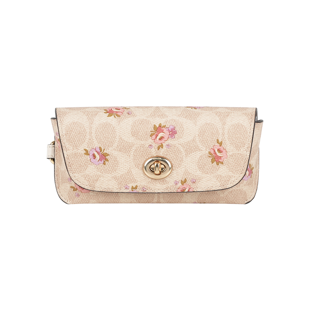 【COACH】CC Logo 花卉圖案附提把萬用包/眼鏡收納包(沙色)