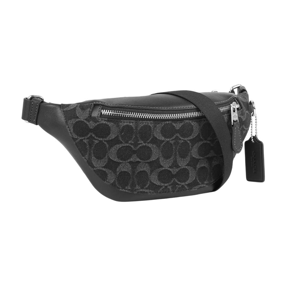 【COACH】Warren CC Logo 牛仔布及皮革迷你腰包(銀色/黑色)