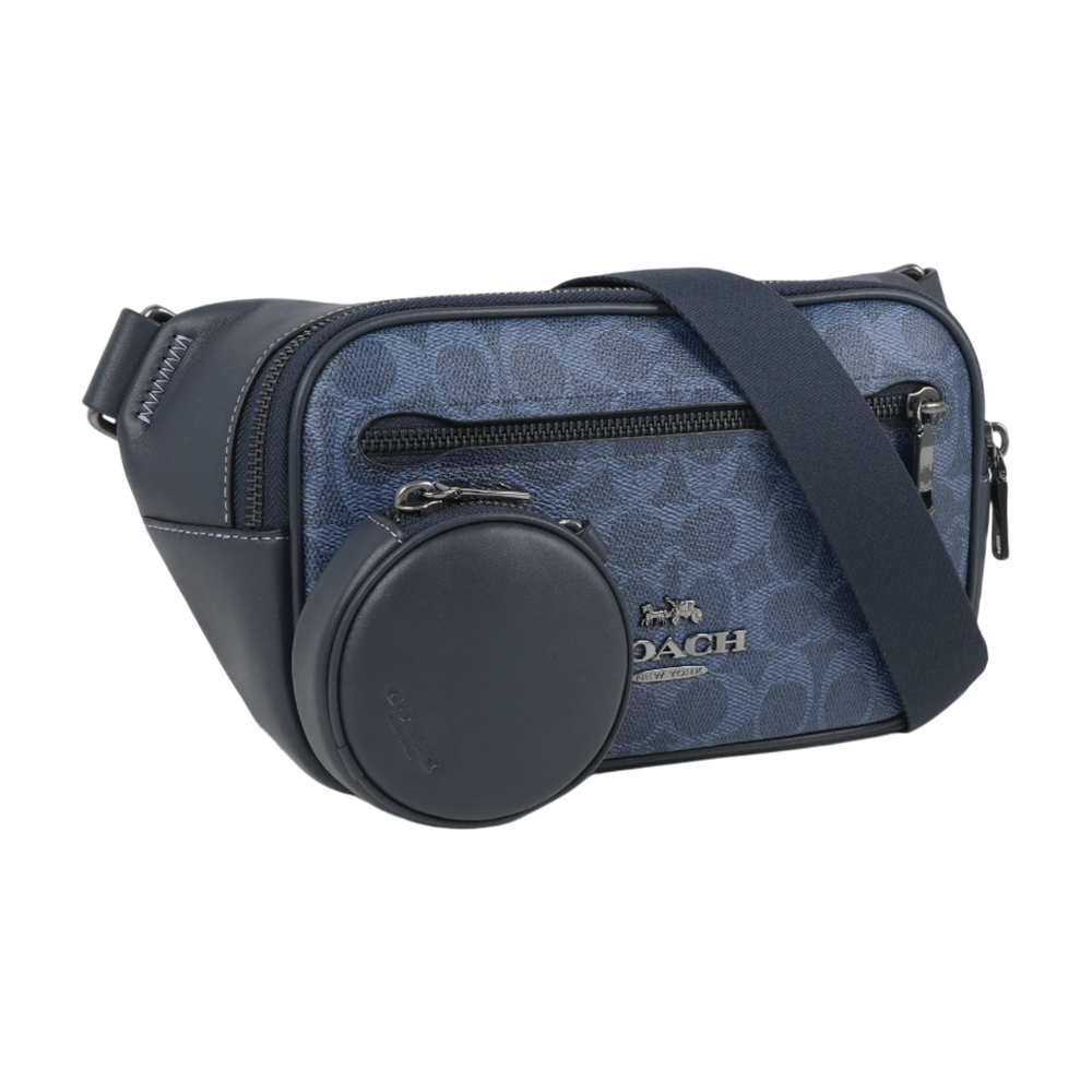【COACH】Elias 塗層帆布及小牛皮附零錢小袋腰包/胸口包(牛仔藍/午夜藍)