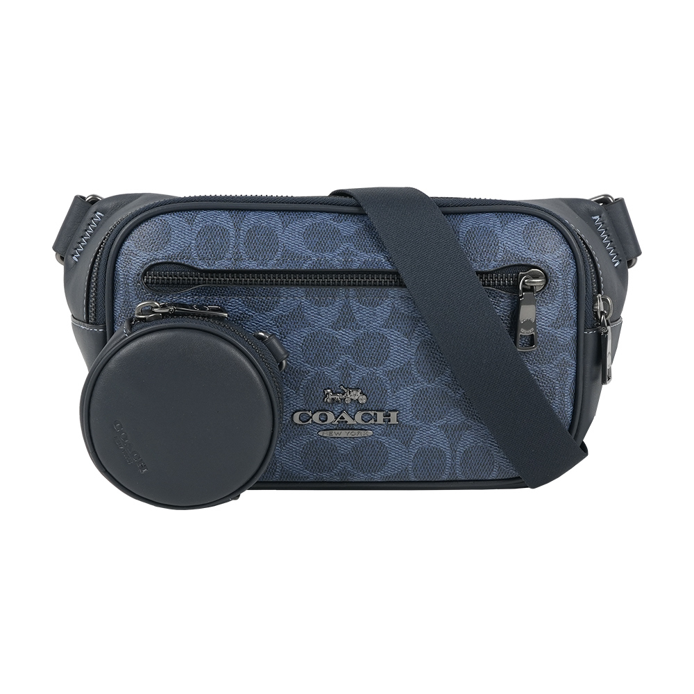 【COACH】Elias 塗層帆布及小牛皮附零錢小袋腰包/胸口包(牛仔藍/午夜藍)