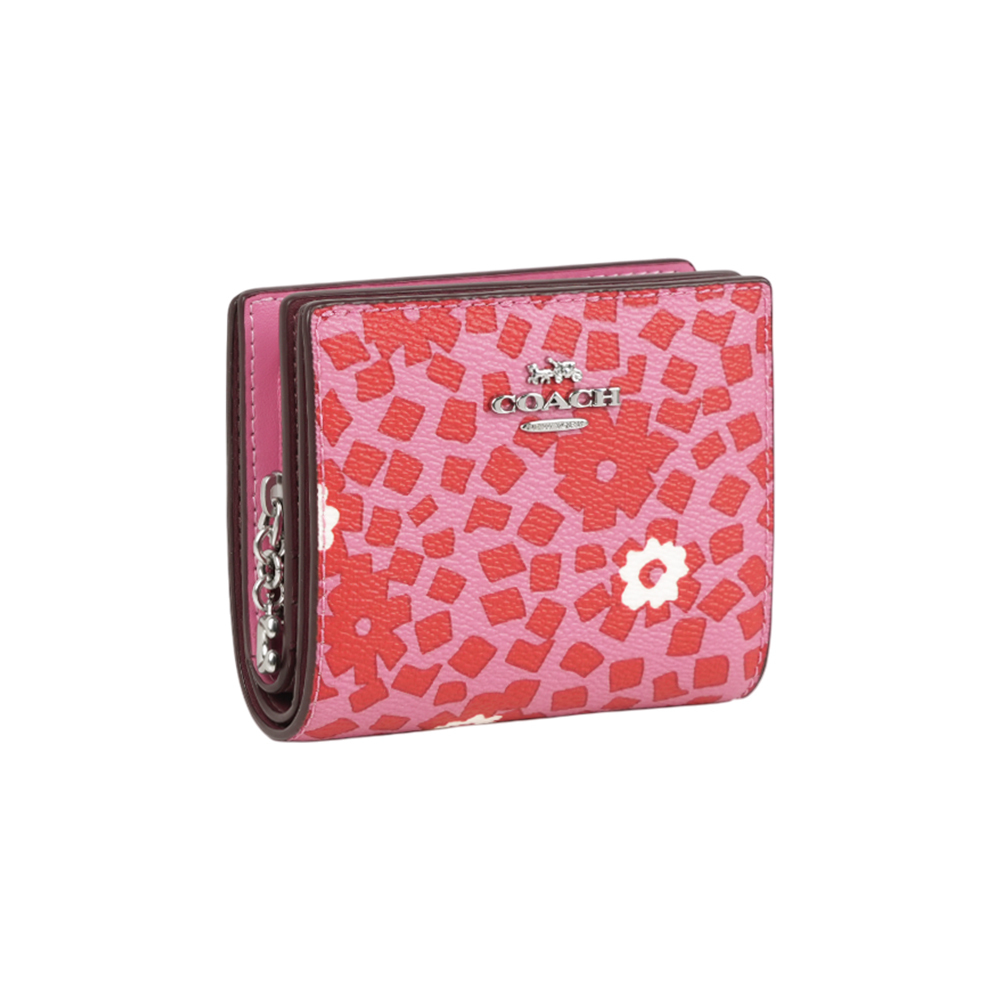 【COACH】C Logo 拉鍊拼貼花卉塗層帆布暗釦二折短夾(粉紅色)