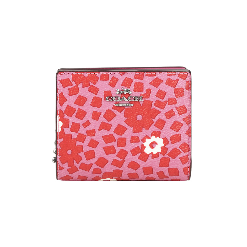 【COACH】C Logo 拉鍊拼貼花卉塗層帆布暗釦二折短夾(粉紅色)