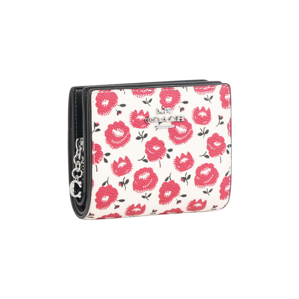 【COACH】C Logo 拉鍊花卉圖案塗層帆布暗釦二折短夾(紅色)