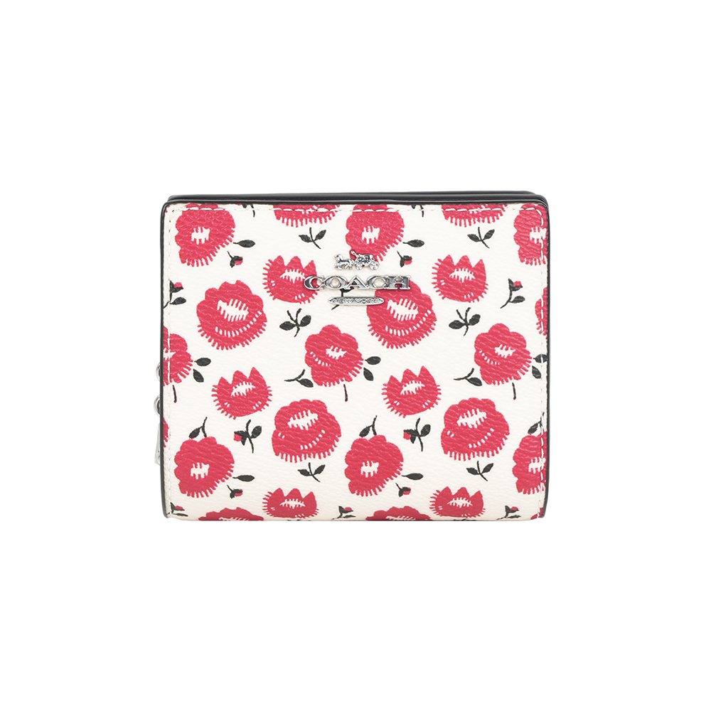 【COACH】C Logo 拉鍊花卉圖案塗層帆布暗釦二折短夾(紅色)