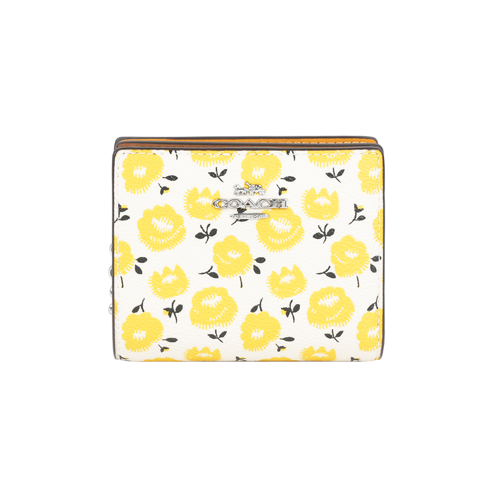 【COACH】C Logo 拉鍊花卉圖案塗層帆布暗釦二折短夾(黃色)