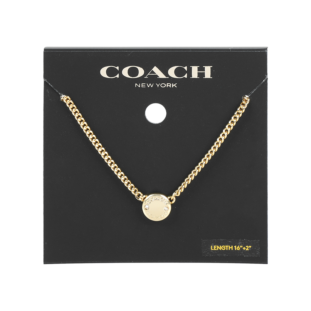 【COACH】Logo 刻印及水鑽鉚釘造型項鍊(金色)