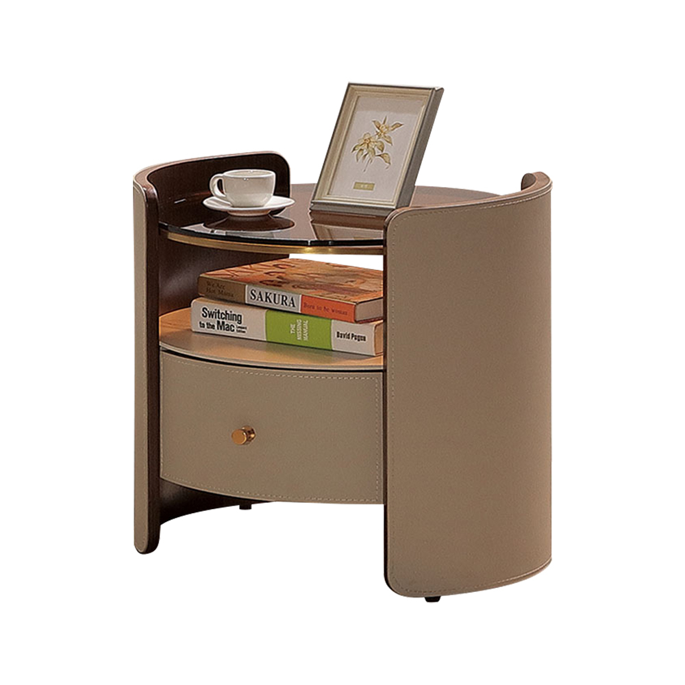 希奈1.7尺高級馬鞍皮革床頭櫃/玻璃岩板床頭櫃/單抽收納櫃/置物小邊櫃/小茶几