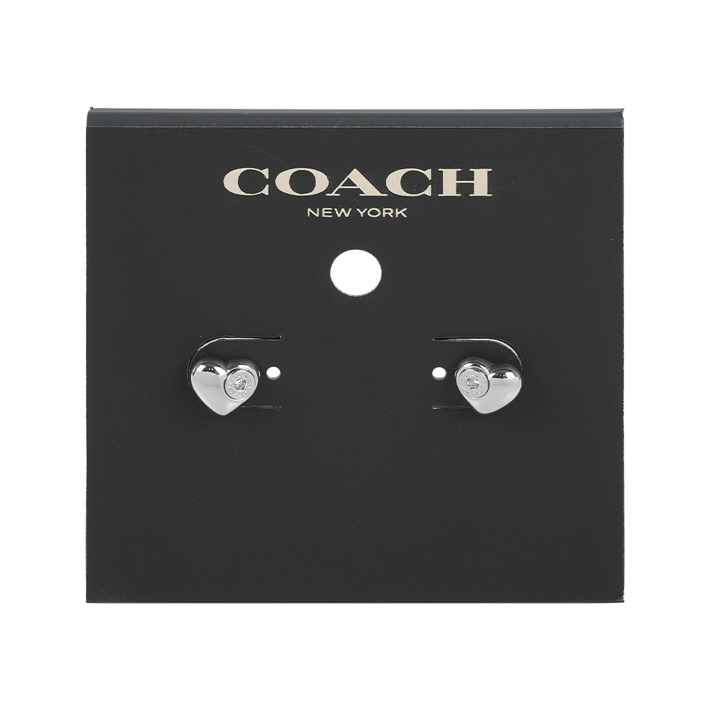 【COACH】圓形水鑽Logo 愛心造型針式耳環(銀色)