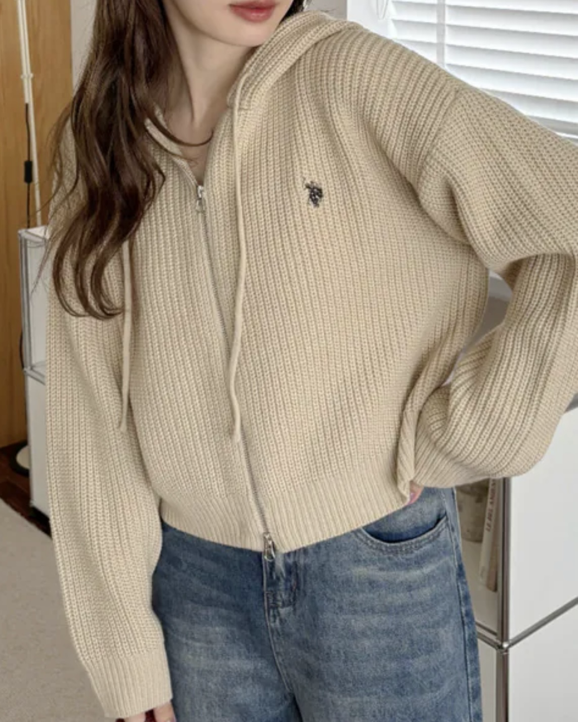 日本 U.S. POLO ASSN x Ada 短版針織外套 連帽 雙拉鍊 針織衫 象牙色 淺灰 海軍藍