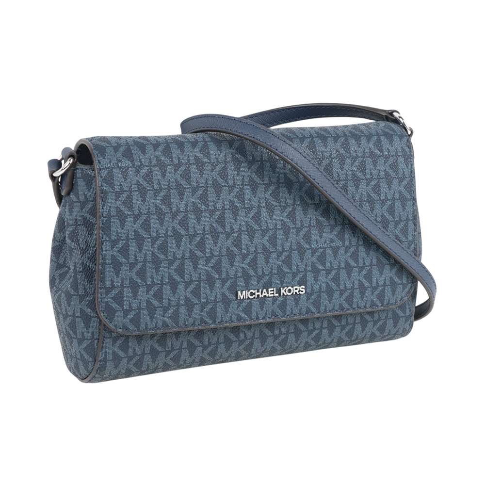 【Michael Kors】銀字滿版Logo 塗層帆布皮夾式鍊包/WOC (海軍藍)