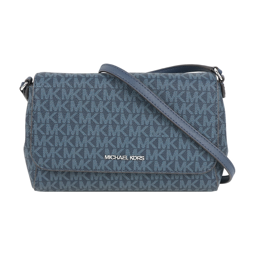 【Michael Kors】銀字滿版Logo 塗層帆布皮夾式鍊包/WOC (海軍藍)