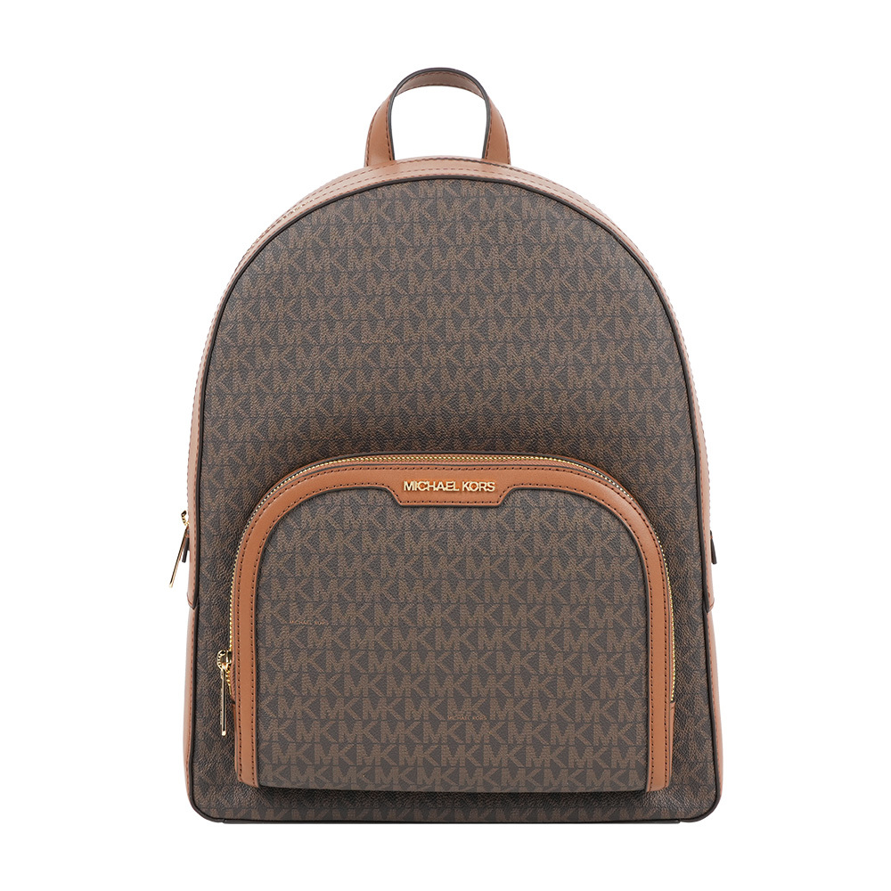【Michael Kors】Jaycee 金字塗層帆布拉鍊口袋大款後背包(棕色)