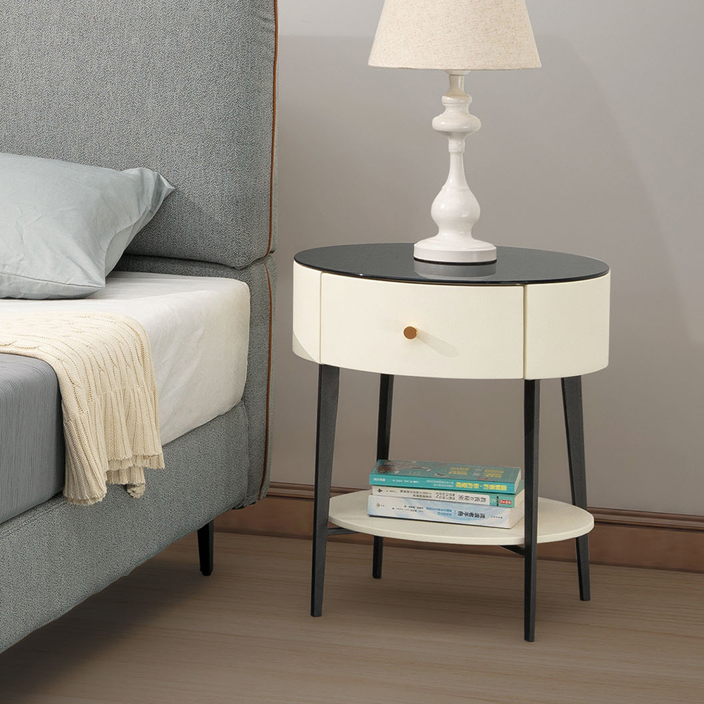 卡森1.5尺玻璃皮革床頭櫃/白色圓形床頭櫃/單抽收納櫃/置物小邊櫃/小茶几