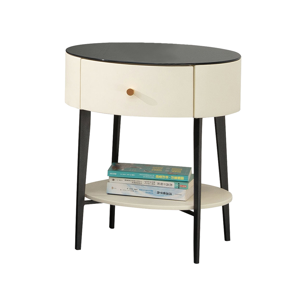 卡森1.5尺玻璃皮革床頭櫃/白色圓形床頭櫃/單抽收納櫃/置物小邊櫃/小茶几