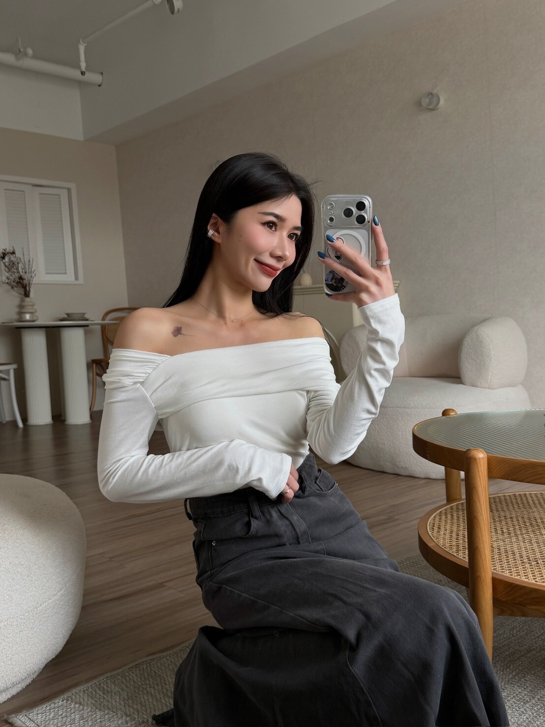 側抓皺斜肩上衣