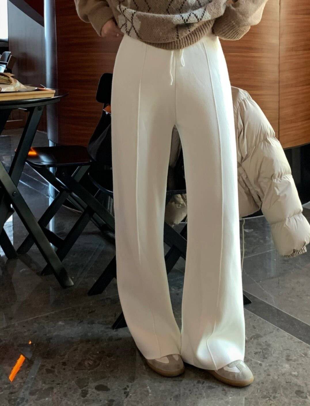 百搭款鬆緊腰拉絨保暖長褲-F